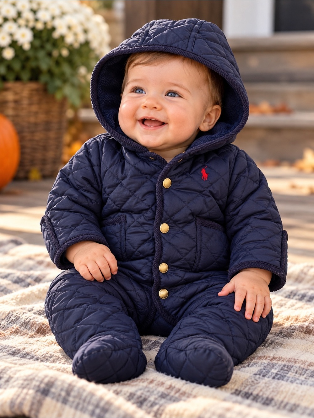 Ralph Lauren Navy Quilted Hooded Baby One-Piece 9M
